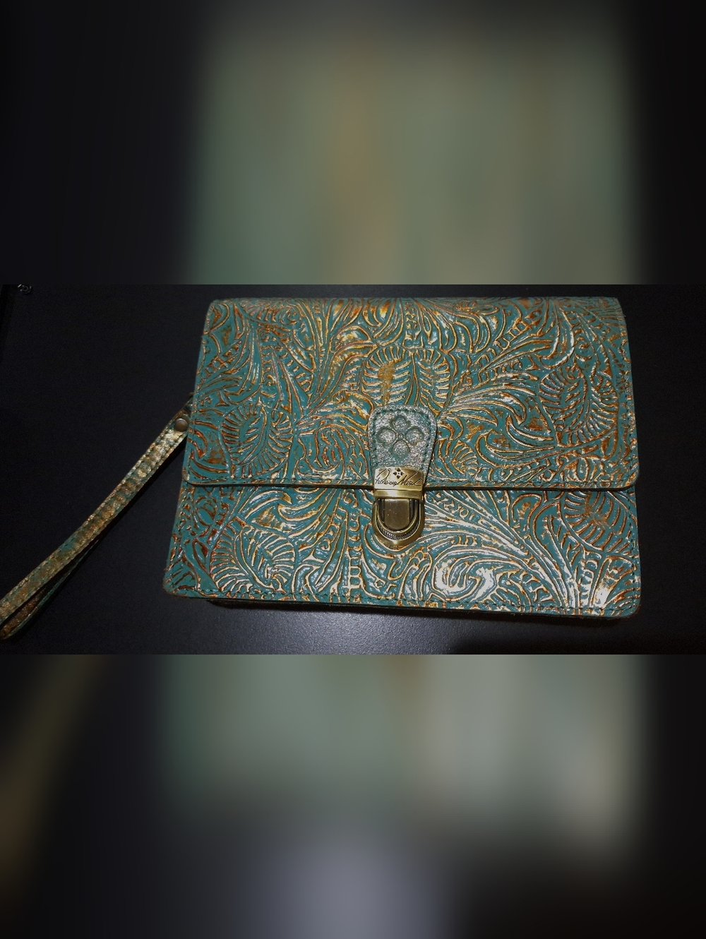 Patricia Nash Teal Embossed Leather Clutch with Gold Tone Hardware